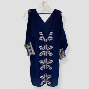 THML Size XS Navy Geometric Embroidered Open Shoulder Blouse Tunic Casual Boho